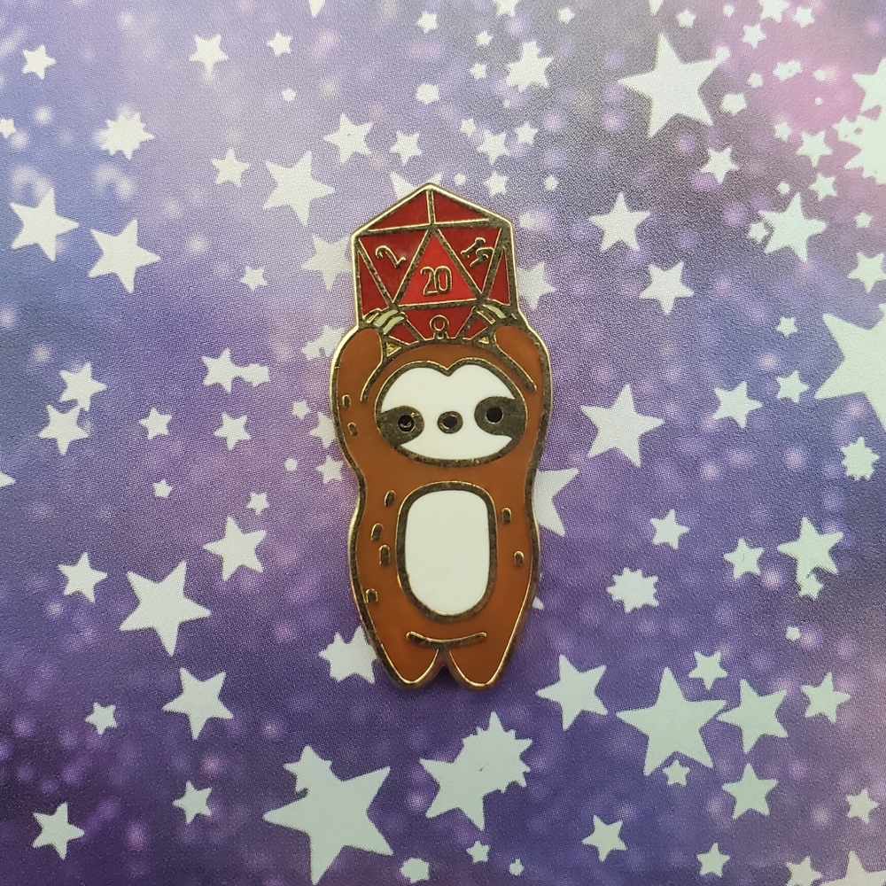 Sloth with 20 Sided Dice Enamel Pin